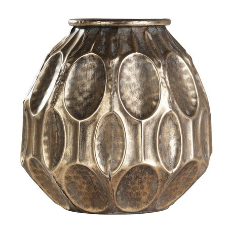 Lenggeng Vase 24.5cm in Antique Gold, a squat faceted vase with staggered hammered oval panels and a rolled rim, shown on a plain white background.