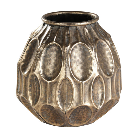 Lenggeng Vase 24.5cm in Antique Gold, a squat faceted vase with staggered oval hammered panels and a rolled rim, shown against a plain white background.