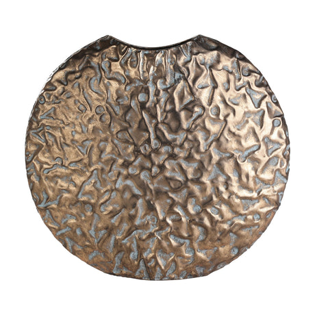 Lenggeng Vase 29.5cm, a round flat disc vase in antique gold with a deeply hammered textured surface and narrow oval opening at top, shown on a plain white background.