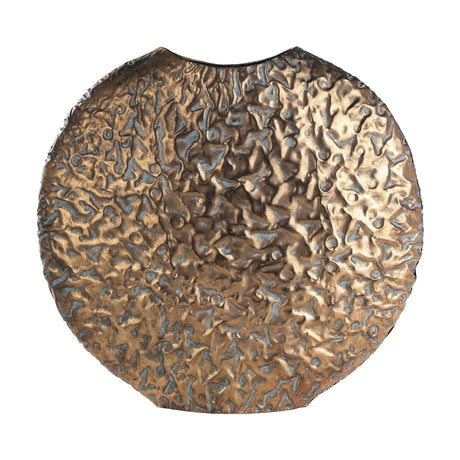 Lenggeng Vase 39cm in antique gold, a flat round moon-shaped disc with a deeply hammered textured surface and narrow top slot opening, shown on a plain white background.