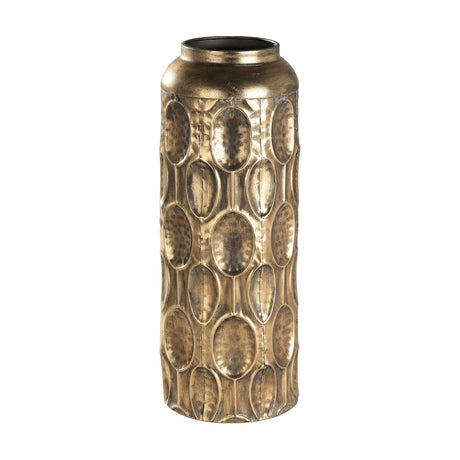 Lenggeng Vase 47.5cm in antique gold, a tall slim cylindrical metal vase with embossed hammered-oval pattern and short narrow neck, shown on a plain white background.