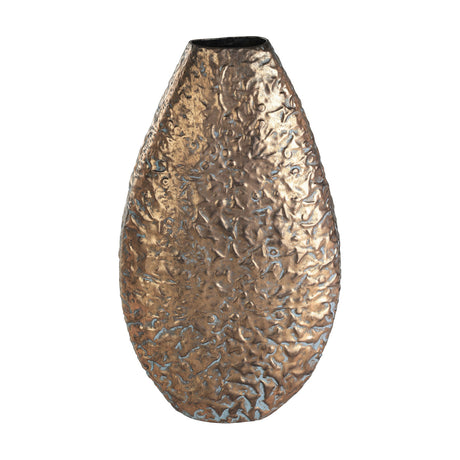 Lenggeng Vase 53.5cm in Antique Gold, a tall flattened teardrop shape with hammered, dimpled texture and a narrow oval mouth, shown against a plain white background.