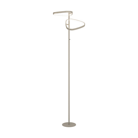 Leporano LED Floor Lamp in sand finish, featuring two rounded triangular ring heads with white diffusers on a slim steel pole with round base, shown on a plain white background.