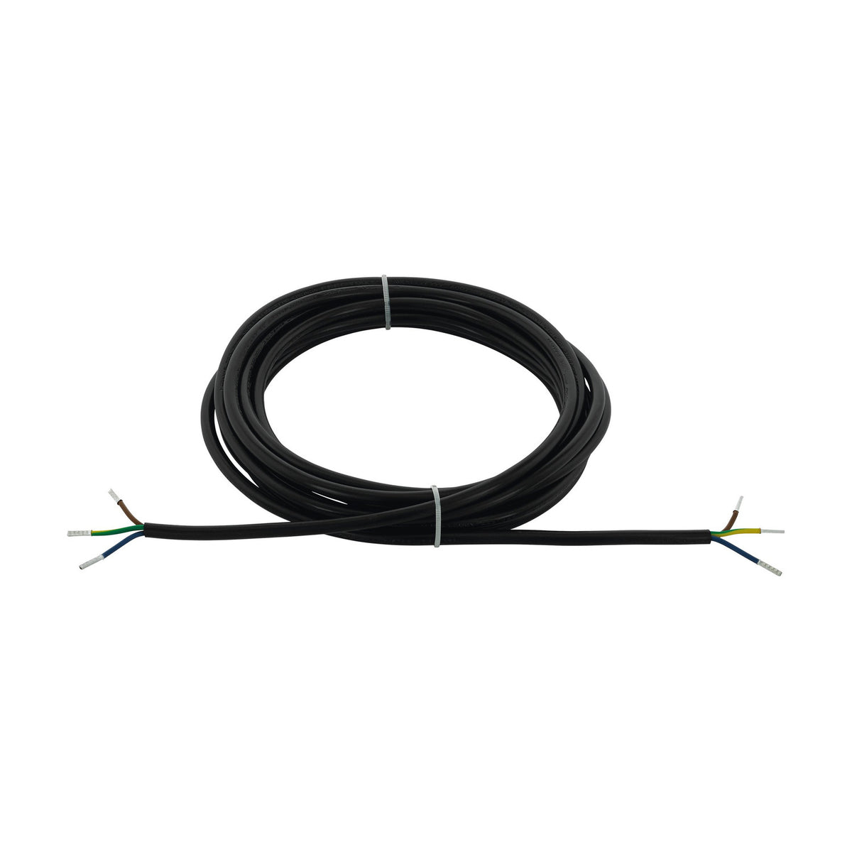 Black lighting cable coiled on a white background, with three-core wire ends stripped back to expose brown, blue, and green-yellow conductors.