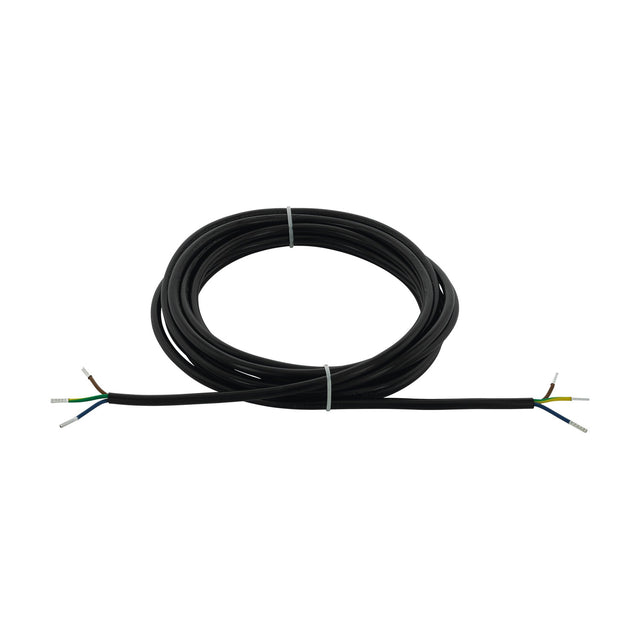 Black lighting cable coiled on a white background, with three-core wire ends stripped back to expose brown, blue, and green-yellow conductors.