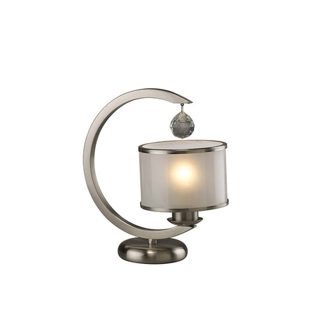 The Lincoln 1 Light Crystal Table Lamp features a satin nickel crescent frame, frosted glass cylindrical shade, crystal ornament, and a round base for elegant illumination.