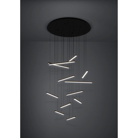 Lindoza 12 Light Pendant in black: twelve slim LED bars at staggered heights and angles suspended from a round ceiling canopy, shown illuminated in a dark room setting.