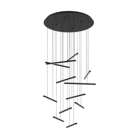 Lindoza 12 Light Pendant in black: twelve slim bars hang at staggered heights from a large round ceiling canopy, suspended on fine wires against a plain white background.
