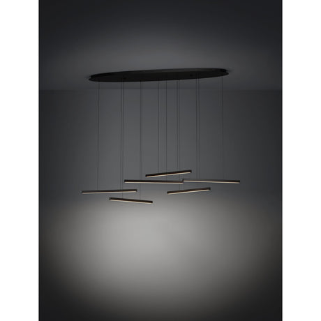 Lindoza Linear Pendant Light in black, with six slim bars at varying heights and angles suspended from an oval ceiling canopy, shown against a dark background.