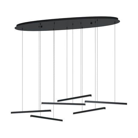 Lindoza Linear Pendant Light in black, featuring six slim steel bars at varying heights and angles, suspended on wires from a long oval ceiling canopy against a plain white background.