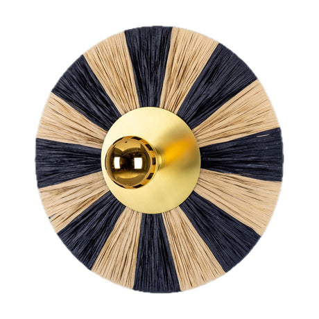 Linsamo Raffia Wall Light, a round disc with alternating black and natural raffia stripes radiating from a polished brass centre plate with bulb, on a white background.