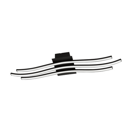 Livette LED 3 Light Flush Ceiling Light in black, three wavy bars with white diffusers on a rectangular base, shown against a plain white background.