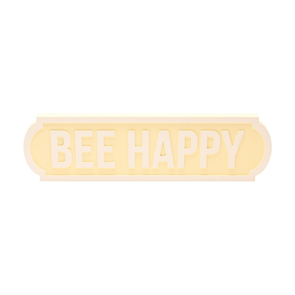 Bee Happy Matt Street Sign Plaque, 44.9cm, with bold white capital lettering on a yellow face and a raised white rounded border, shown on a plain white background.