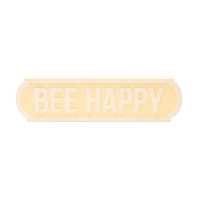 Bee Happy Matt Street Sign Plaque, 44.9cm, with bold white capital lettering on a yellow face and a raised white rounded border, shown on a plain white background.
