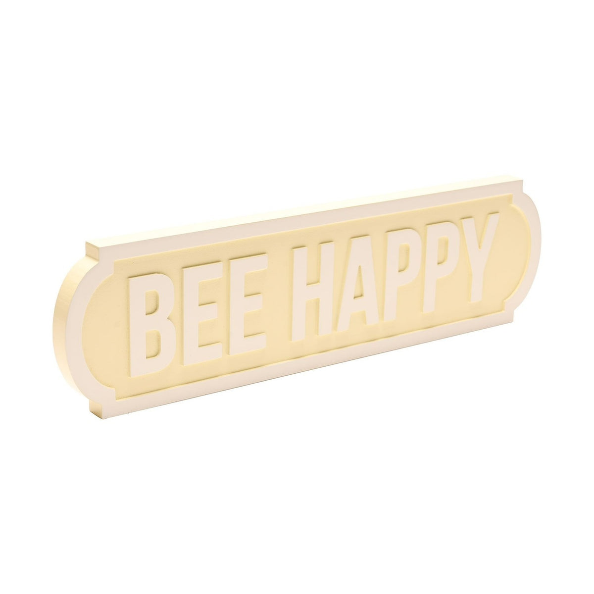 Bee Happy Matt Street Sign Plaque in yellow and white, bold raised lettering on a rounded rectangular plaque with stepped corners, shown at an angle on a plain white background.