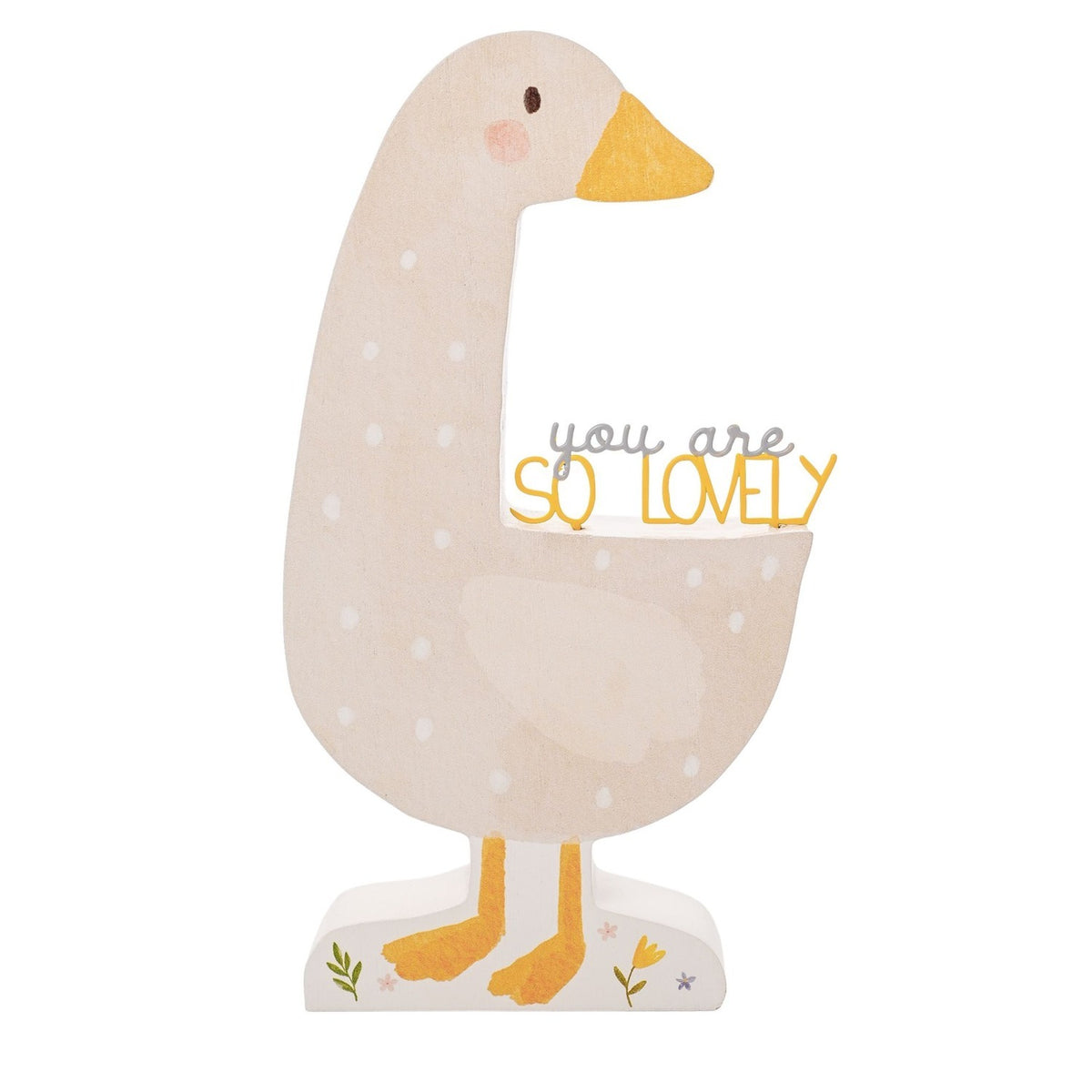 Wooden goose-shaped plaque in beige with white spots, mustard yellow beak and feet, curved neck framing "you are SO LOVELY" text, on a plain white background.