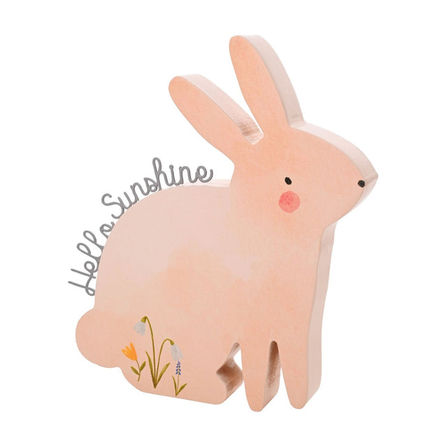 Wooden standing rabbit plaque in pink watercolour finish with upright ears, round tail, painted flowers, and "Hello Sunshine" wire-script text, on a plain white background.