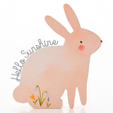 Wooden standing rabbit plaque in watercolour-washed pink, with upright ears, rosy cheek, painted flowers at its feet, and "Hello Sunshine" script, on a plain white background.