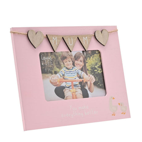 Mum Wooden Photo Frame with Heart Bunting 6 x 4in - Pink