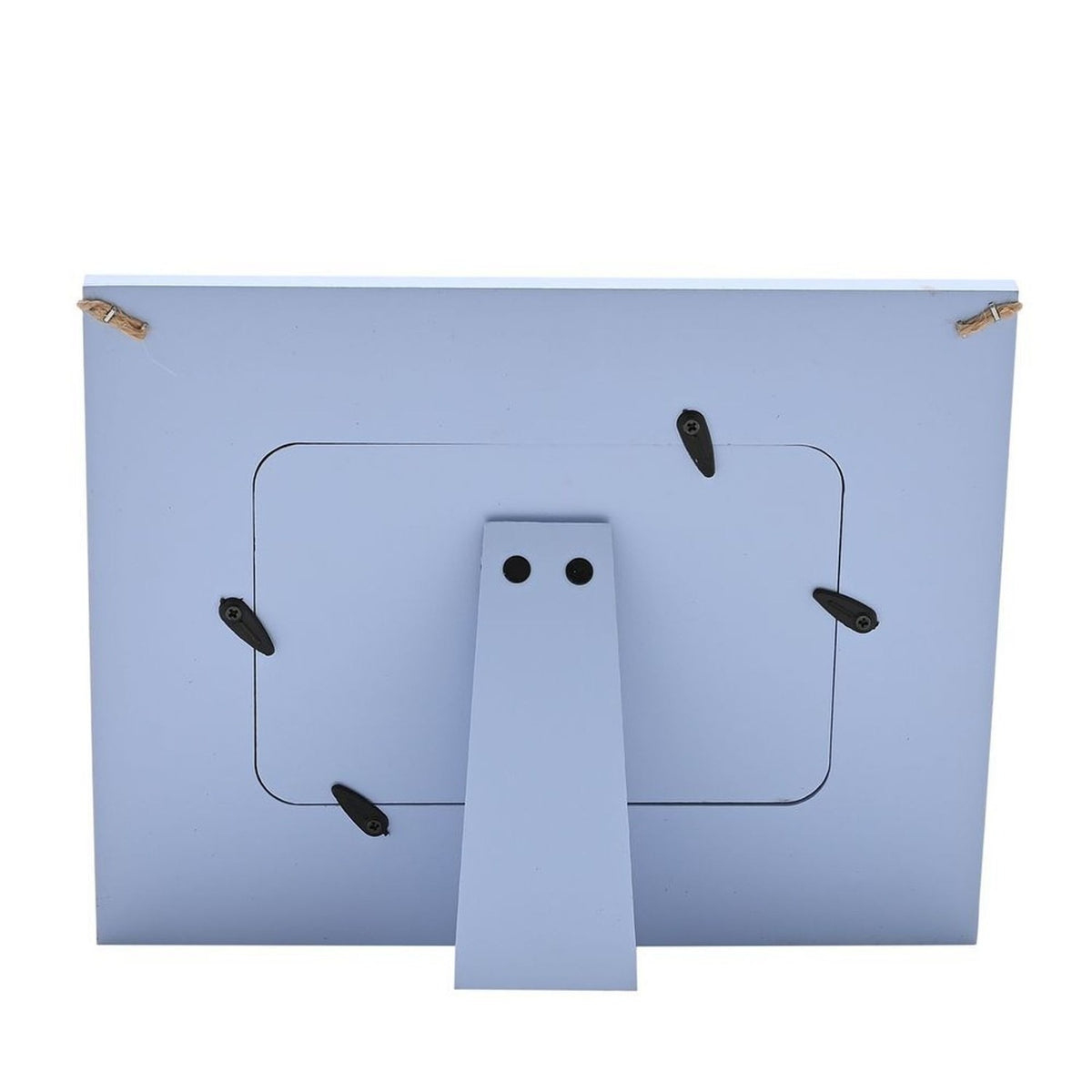 Back view of the Dad Heart Bunting Bear wooden photo frame in blue, showing an easel stand, hanging clips, and rectangular photo opening on a white background.