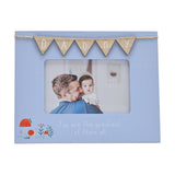 Blue wooden 6x4in photo frame with natural wood "DADDY" bunting on twine above a father and baby photo, with "You are the greatest of them all" text and mushroom motif.