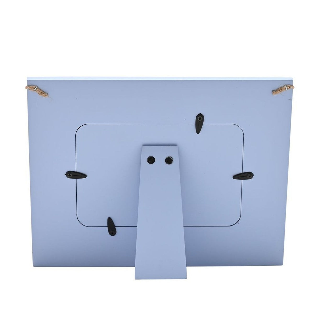 Back view of the Daddy Bunting wooden photo frame in pale blue, showing an easel stand and twine hangers against a plain white background.
