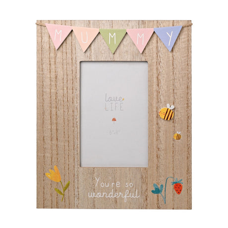 Wooden 6x4in photo frame with pastel "MUMMY" bunting, bee, tulip and strawberry details, and "You're so wonderful" text on brown woodgrain finish.