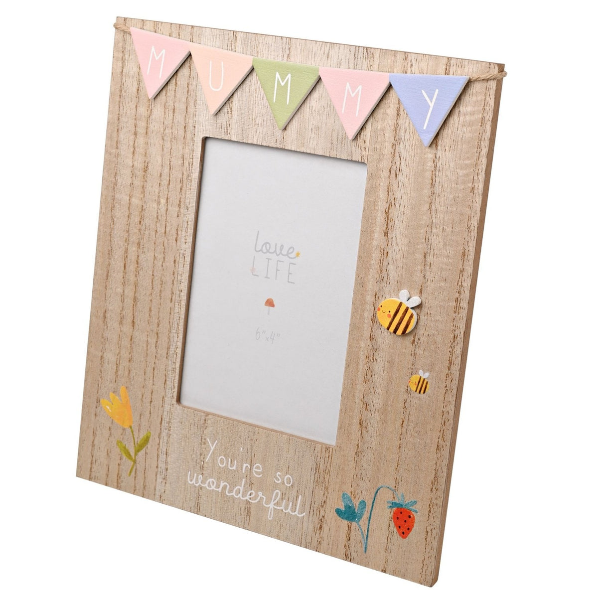 Wooden 6 x 4in photo frame with pastel bunting spelling MUMMY, bee, tulip and strawberry details, and "You're so wonderful" text on brown woodgrain.