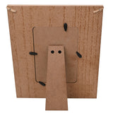 Back view of the Mummy Bunting and Bees wooden photo frame, 6 x 4in, showing brown woodgrain backing, hanging cord, fold-out stand, and metal clips.