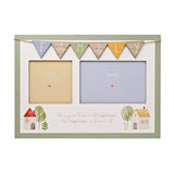 Family Bunting Wooden Double Collage Photo Frame in white and sage green, with pastel wooden flags spelling FAMILY above two openings and house motifs below, on a plain background.