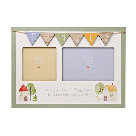 Family Bunting Wooden Double Collage Photo Frame in white and sage green, with pastel wooden flags spelling FAMILY above two openings and house motifs below, on a plain background.