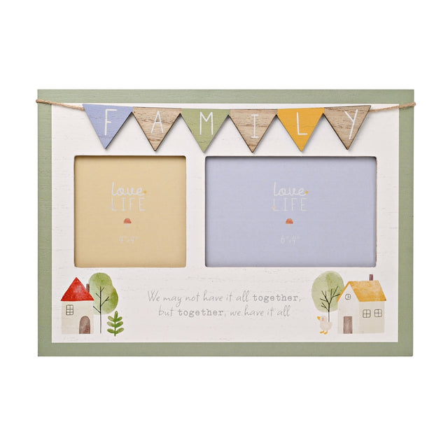 Family Bunting Wooden Double Collage Photo Frame in white and sage green, with pastel wooden flags spelling FAMILY above two openings and house motifs below, on a plain background.