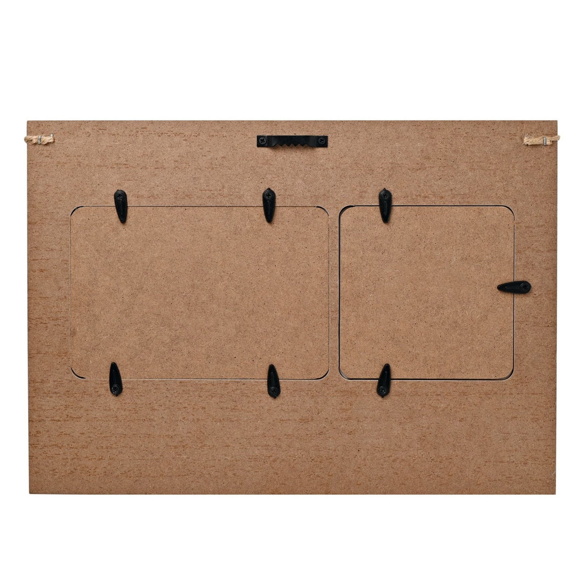 Back view of the Family Bunting wooden double collage photo frame, showing MDF backing with two openings, metal hanging hooks, a sawtooth hanger, and twine loops.