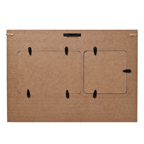 Back view of the Family Bunting wooden double collage photo frame, showing MDF backing with two openings, metal hanging hooks, a sawtooth hanger, and twine loops.