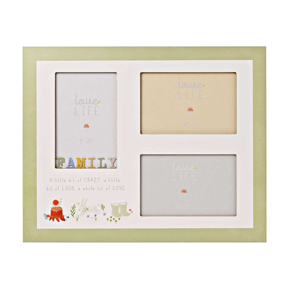 Family 3 Aperture Wooden Collage Photo Frame in green and white, with a white mat holding one 6"x4" and two 4"x6" openings, "FAMILY" lettering and a woodland motif along the base.