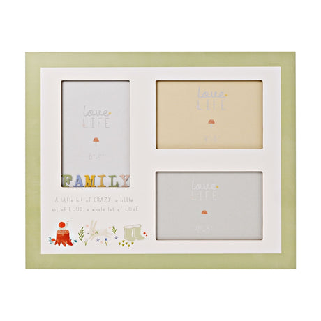 Family 3 Aperture Wooden Collage Photo Frame in green and white, with a white mat holding one 6"x4" and two 4"x6" openings, "FAMILY" lettering and a woodland motif along the base.