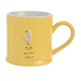 Yellow ceramic mug with white interior, featuring an embossed grey goose design and the text "MUM you are LOVELY", on a plain white background.
