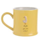 Yellow ceramic mug with white interior, featuring an embossed grey goose and the text "MUM you are LOVELY" below the handle, shown on a plain white background.