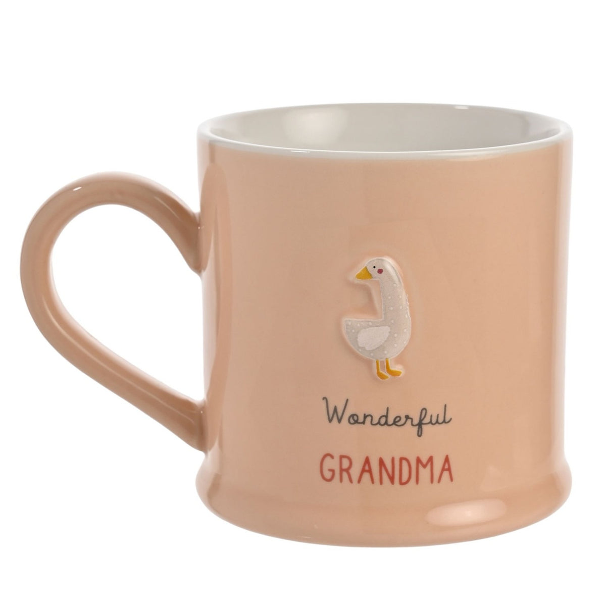 Peach stoneware mug with white interior and a raised white goose design, reading "Wonderful GRANDMA" in grey script and red capitals, set on a plain background.