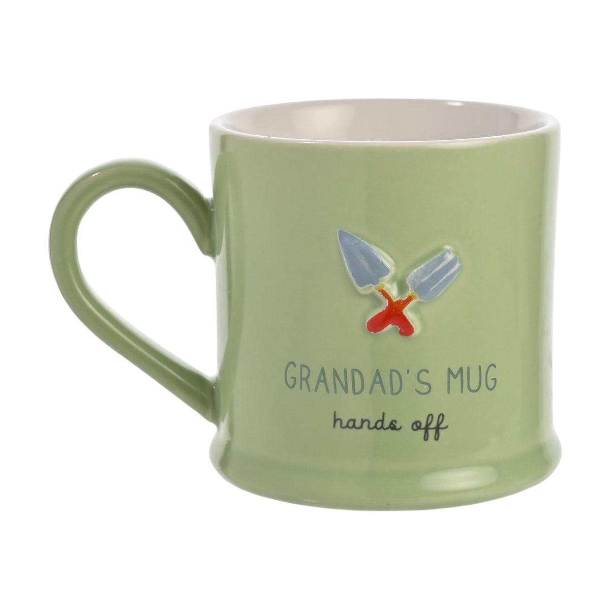 Green stoneware mug with white interior, featuring embossed garden tools in blue-grey and red, text "Grandad's Mug, hands off" in grey, on a plain white background.