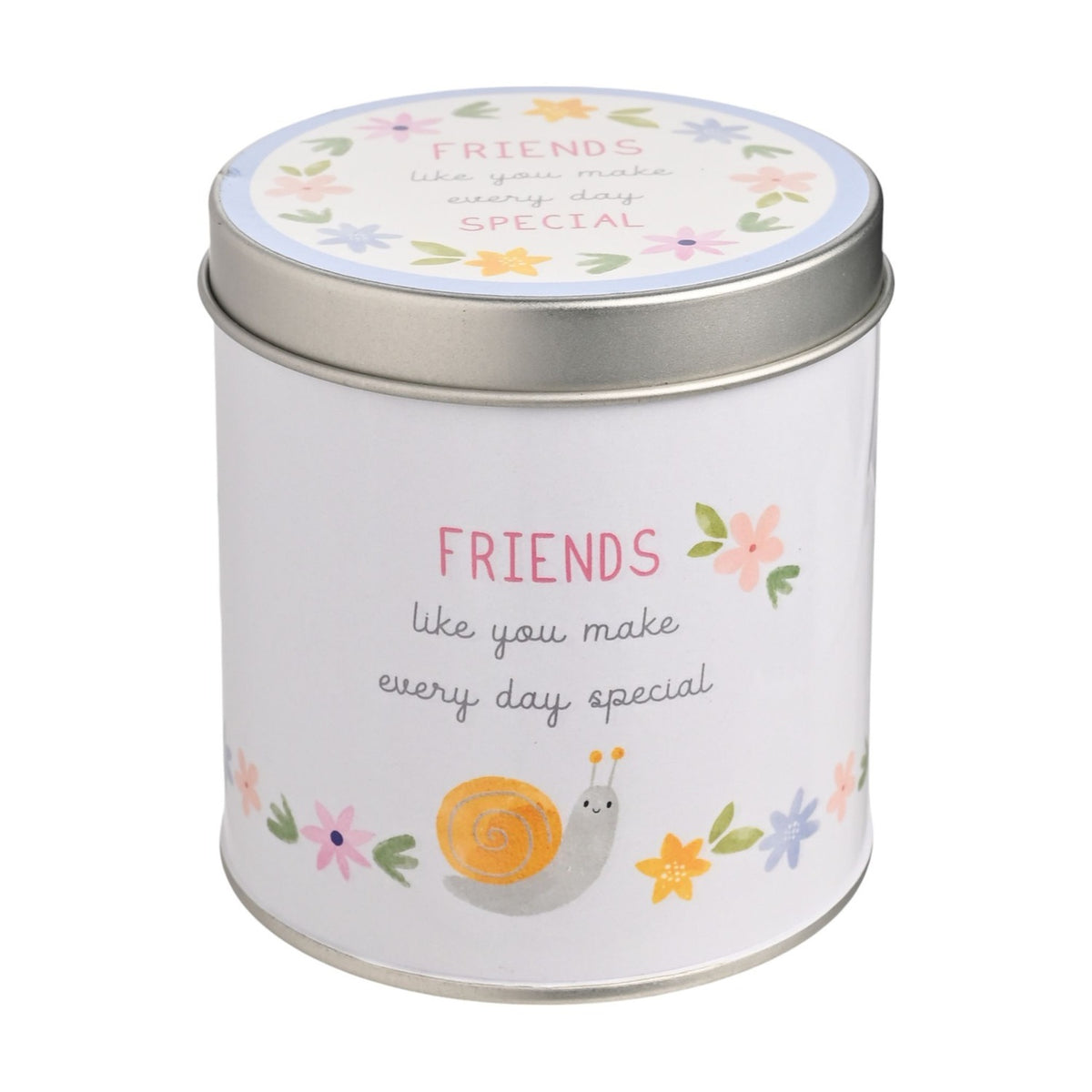 Round white tin scented candle with lid, printed with "FRIENDS like you make every day special" in pink and grey, featuring an orange snail and pastel floral border, on a plain white background.