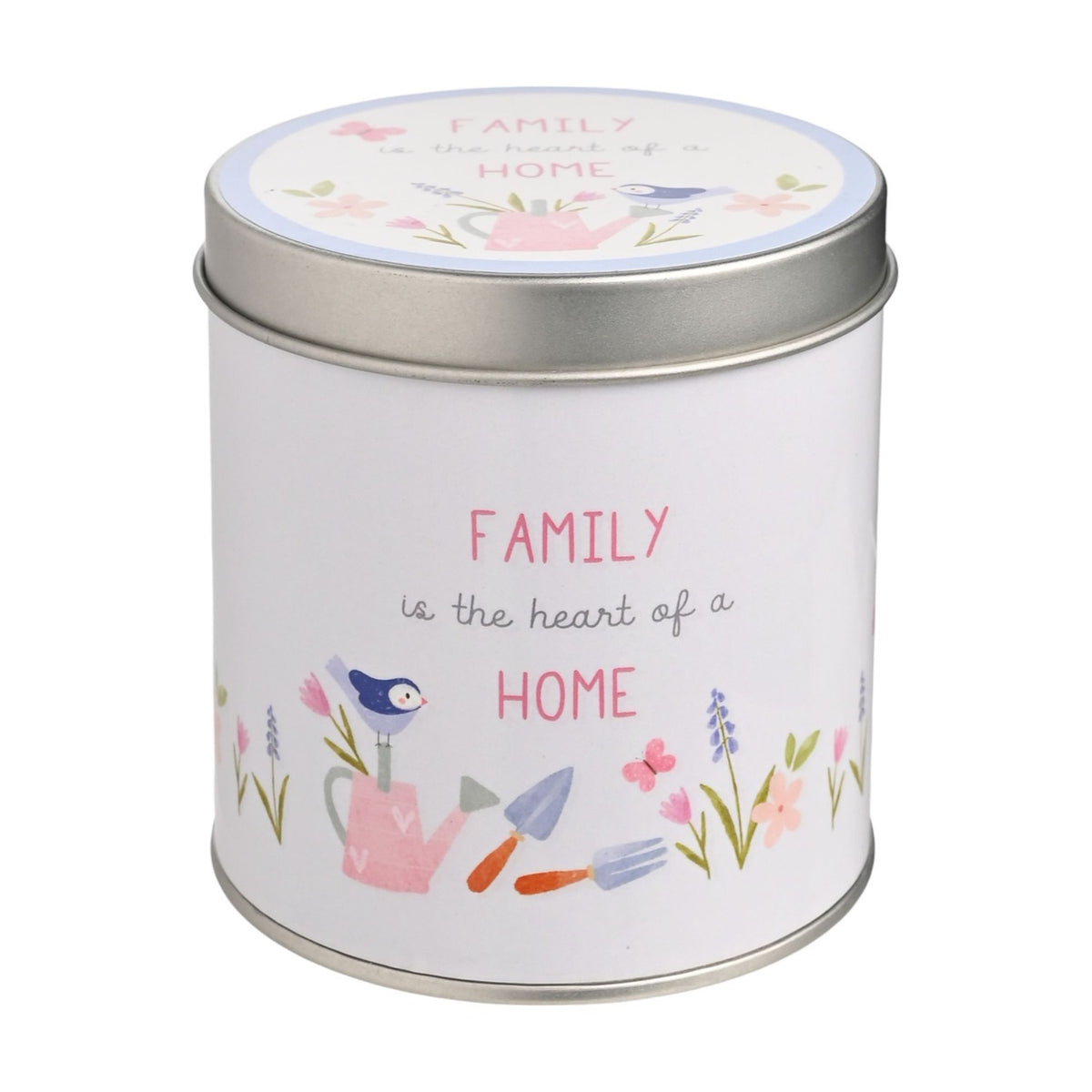 Round white tin scented candle, 8cm x 8cm, with lift-off lid printed "FAMILY is the heart of a HOME" above a garden scene with a bird, watering can and flowers.