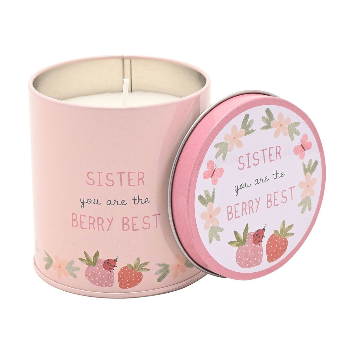 Pink round tin scented candle, 8cm x 8cm, reading "Sister you are the Berry Best" with strawberry, ladybird and floral illustrations, lid propped beside the lit wick, on a white background.