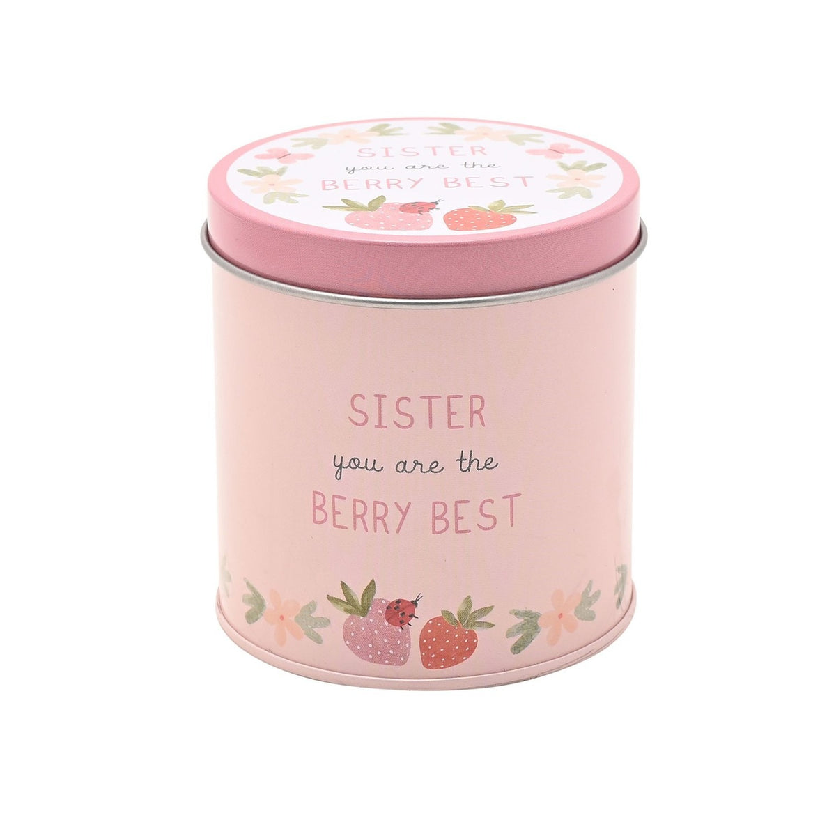 Round pink tin scented candle, 8cm x 8cm, printed with "Sister you are the Berry Best" and strawberry, ladybird and floral illustrations, white lid, plain background.