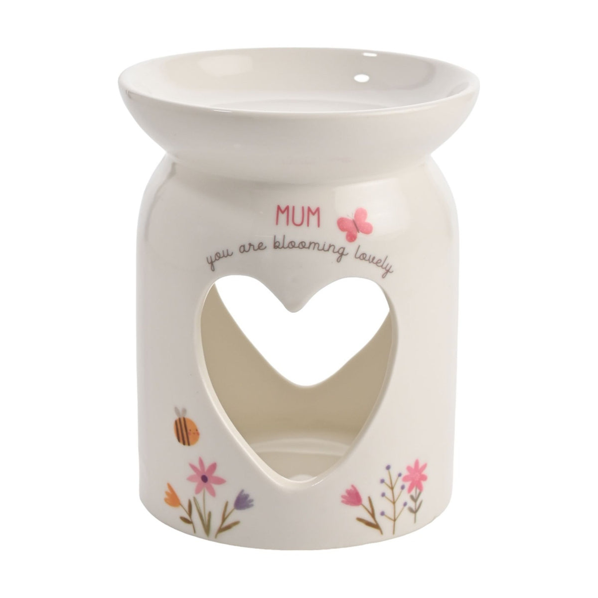 White ceramic wax melt burner with a wide top dish and heart cutout, printed "MUM, you are blooming lovely" with a pink butterfly and floral details, on a plain background.