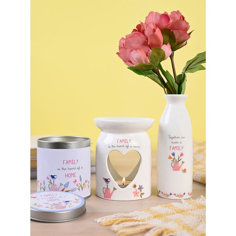 Family Heart Cut-Out Floral Ceramic Wax Melt Burner - White