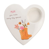 Mum Floral Heart Ceramic Tea Light Candle Holder - White