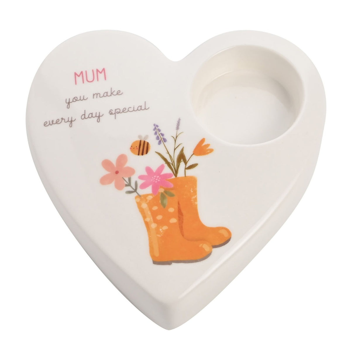 Mum Floral Heart Ceramic Tea Light Candle Holder - White
