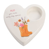 Mum Floral Heart Ceramic Tea Light Candle Holder - White