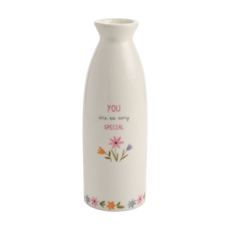 White ceramic stem vase with narrow neck, printed "You are so very special" text and a small floral posy, plus a floral band near the base, on a plain white background.